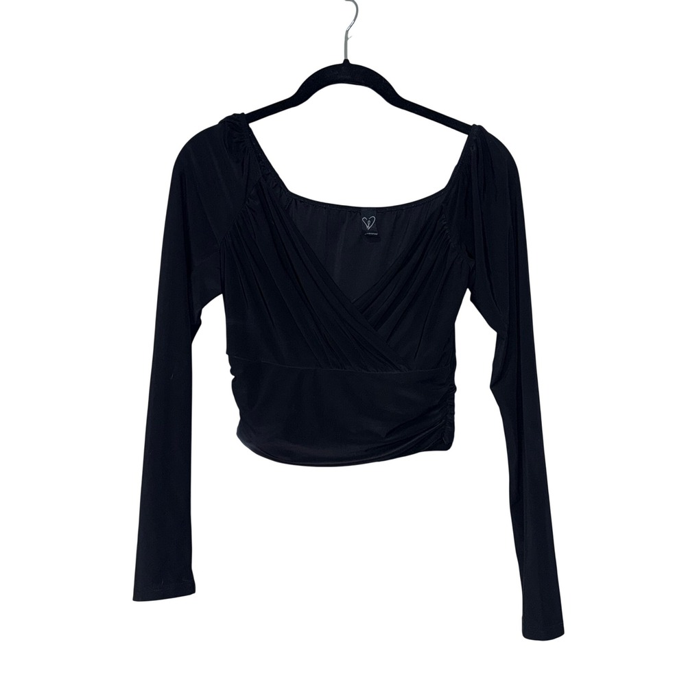 Windsor‎ Surplice Crop Top Womens XS Black Stretch Long Sleeve Ruched